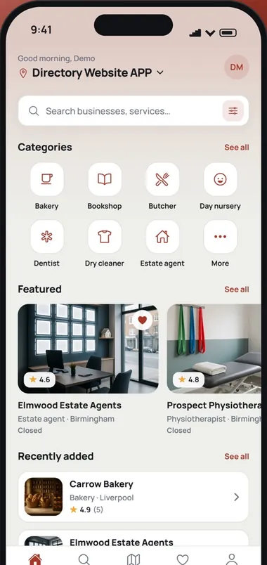 Directory app on iPhone: the home screen with search, categories and featured listings