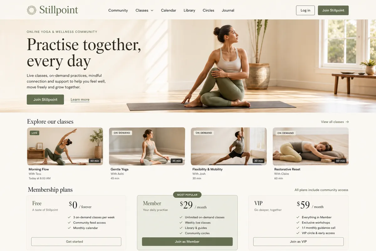 Stillpoint, a community website design for yoga & wellness