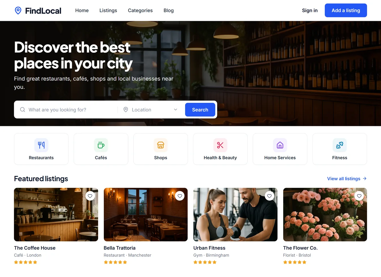 Example local business directory website with search, categories and featured listings