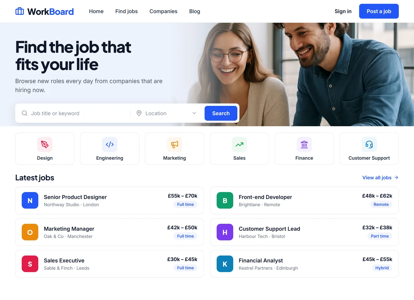 Example job board website with job search, categories and latest jobs
