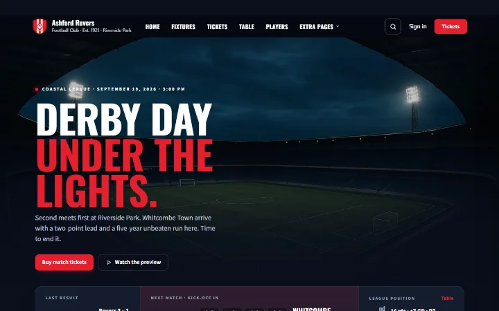 The Matchday WordPress theme: a football club home page with crest, next fixture and league position
