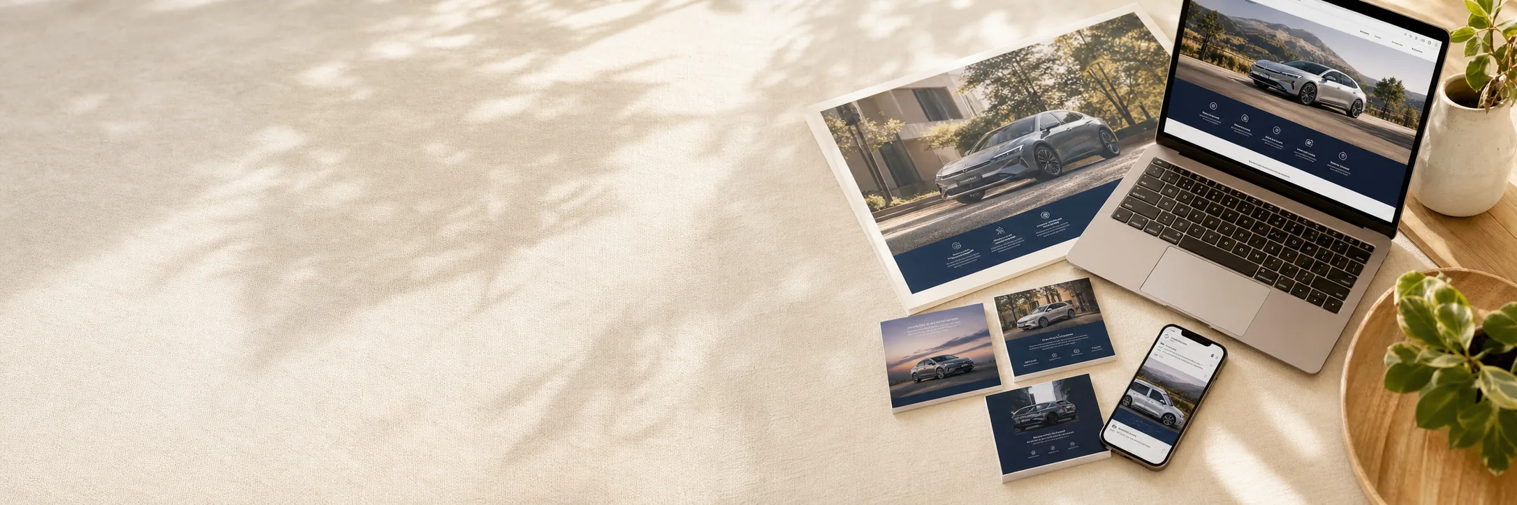 Printed ad designs for a car dealer site, a phone showing a social ad and a laptop with a website banner on a linen table