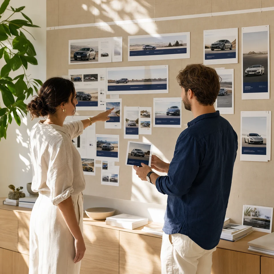 Two designers reviewing a wall of printed ad layouts for a car dealer website