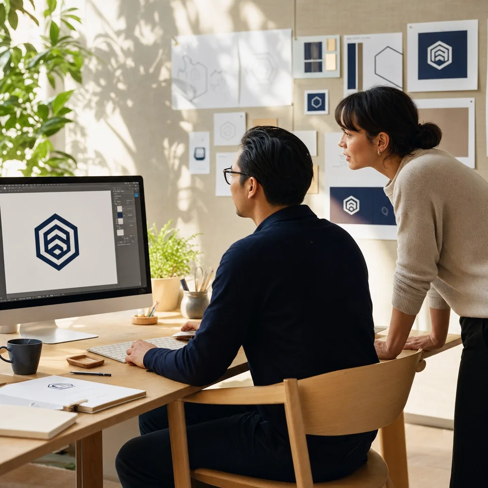 A designer refining a navy logo on screen while a colleague looks on, with sketches pinned on the wall behind
