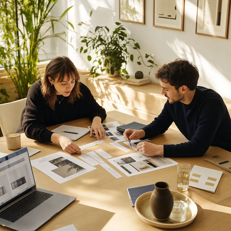 A copywriter and a designer matching printed headlines to a website page layout