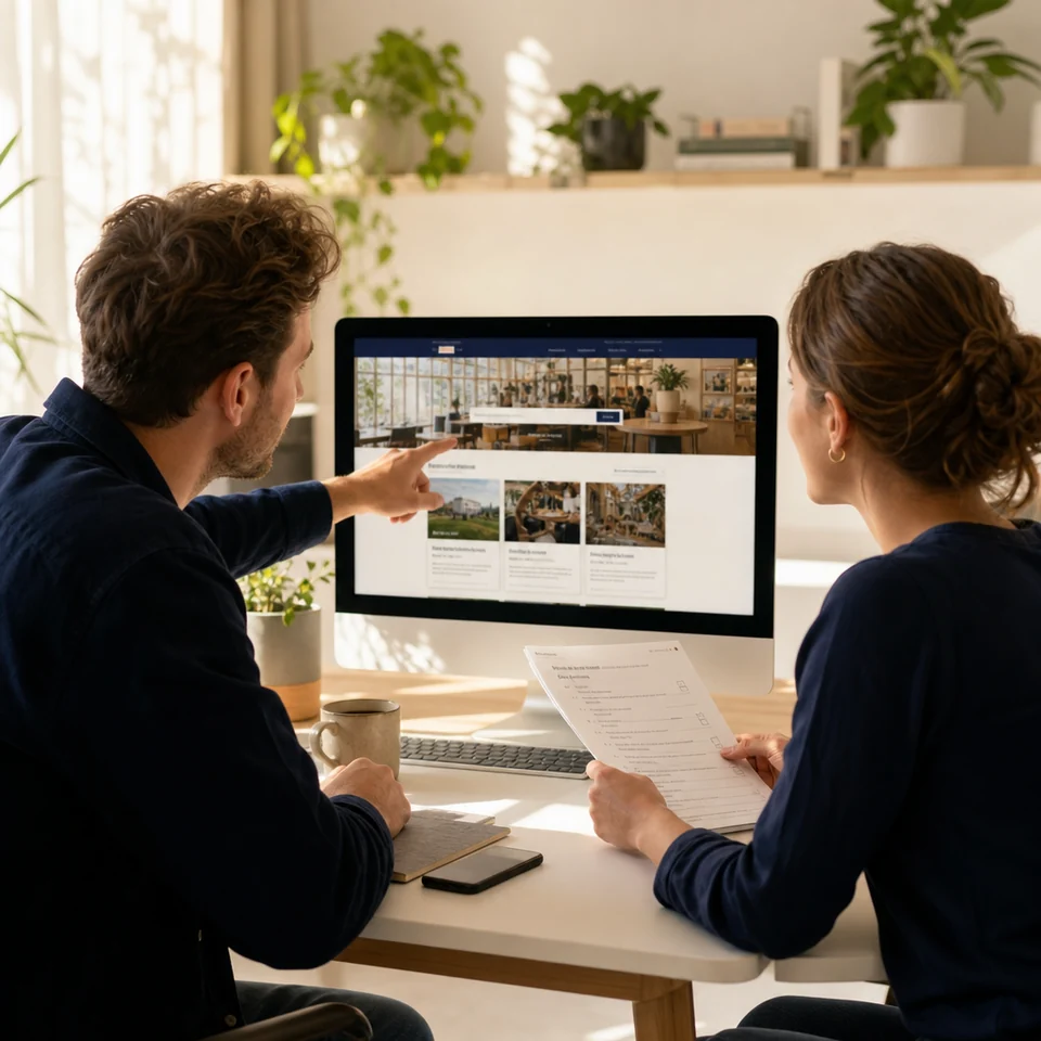 Two of the PremiumPress team checking a freshly set-up directory website on a large monitor