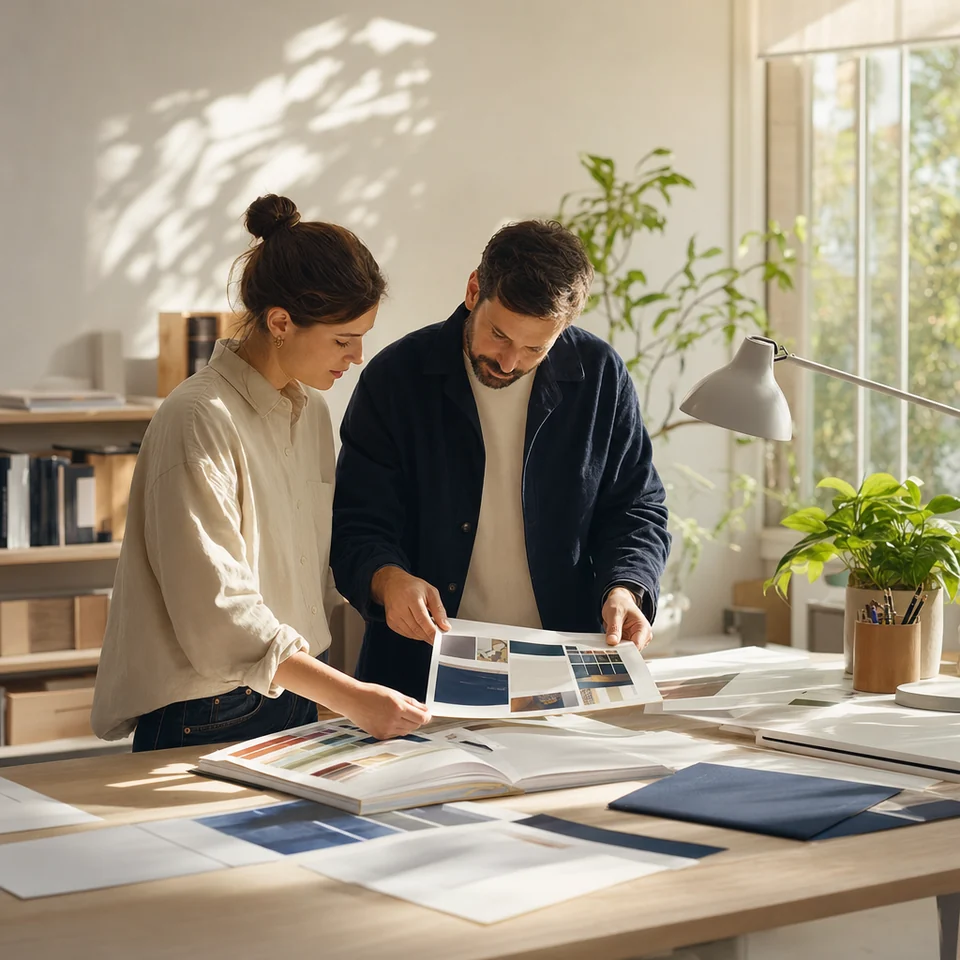 Two designers checking a printed brochure proof against a colour swatch book