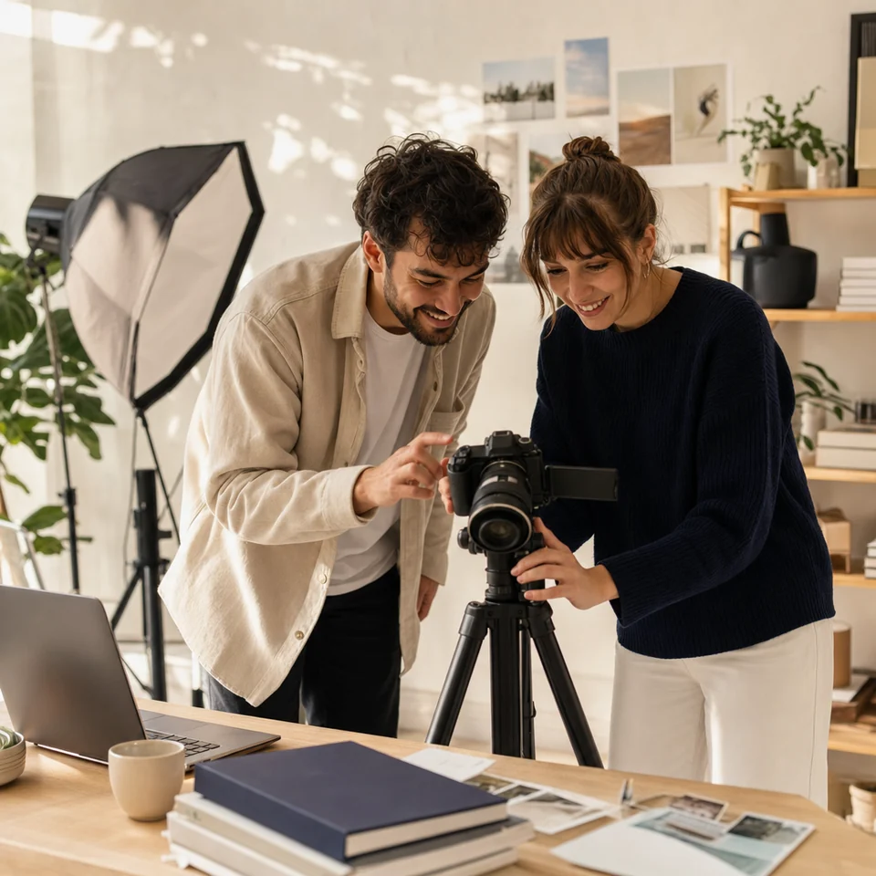 A video creator and an editor reviewing footage on a camera screen in a bright studio